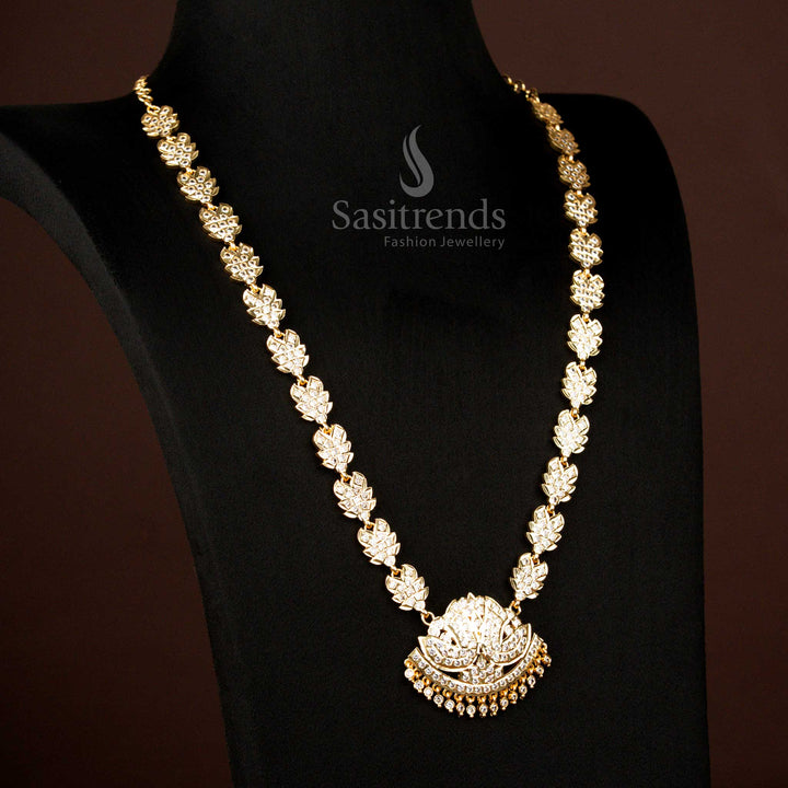 Traditional Impon Addigai Micro Gold Plated Long Haram Necklace with Leaf Lotus Motifs for Weddings