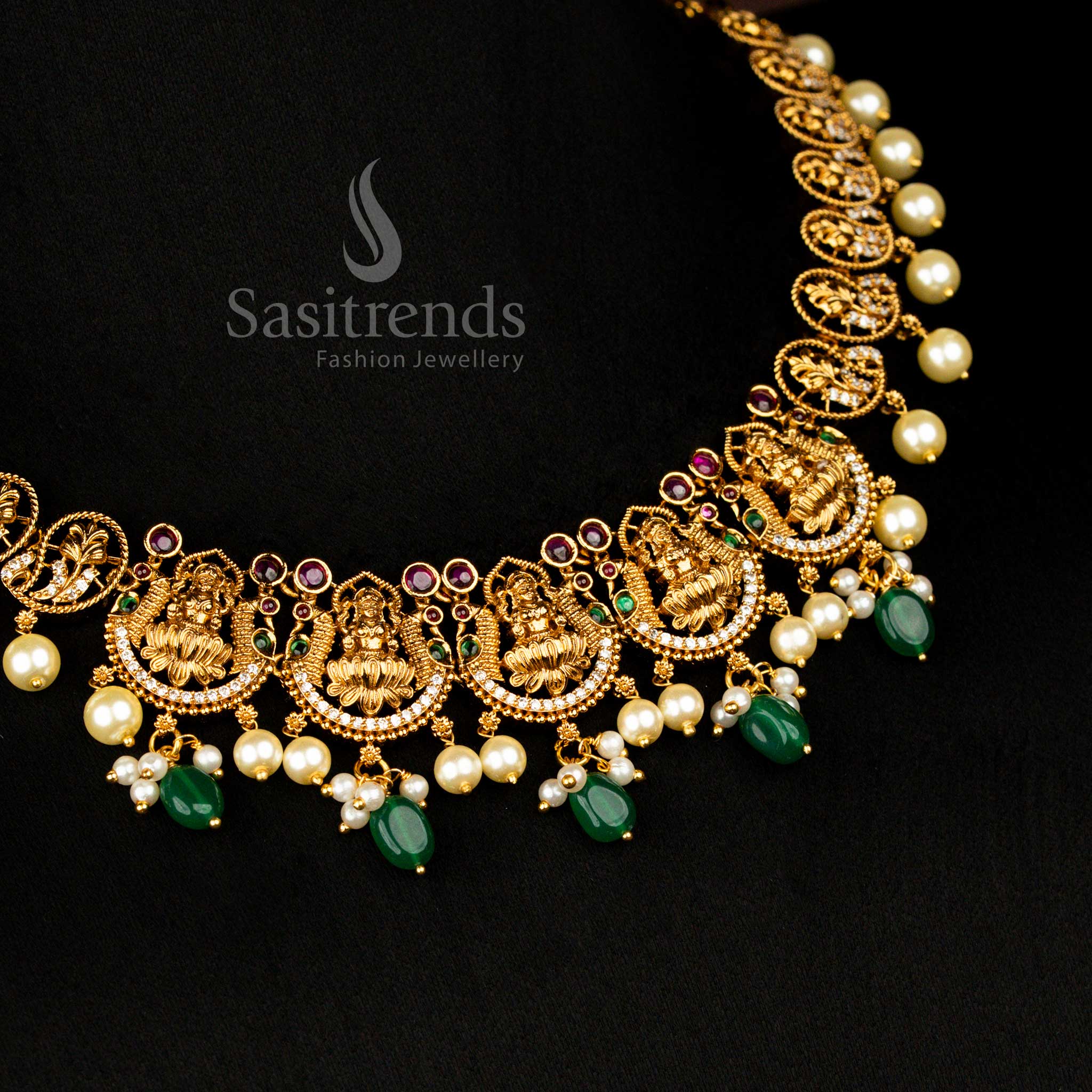 Gorgeous Traditional Matte Gold Lakshmi Temple Jewellery Set With Multi Pearl And AD Stones Designed For Festivals And Party Look - Sasitrends