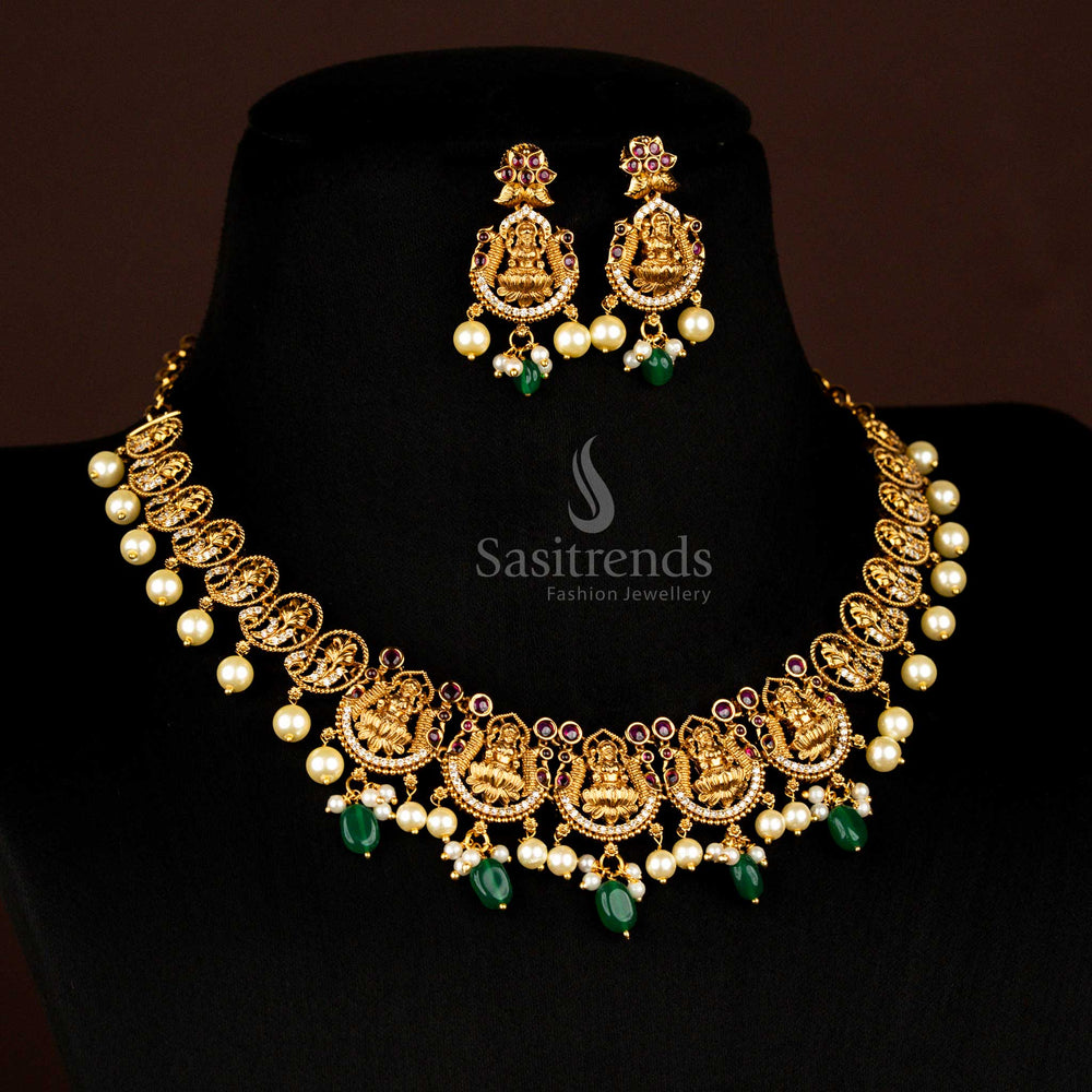 Gorgeous Traditional Matte Gold Lakshmi Temple Jewellery Set With White-Ruby Pearl And AD Stones Ideal For Ethnic And Party Occasions - Sasitrends