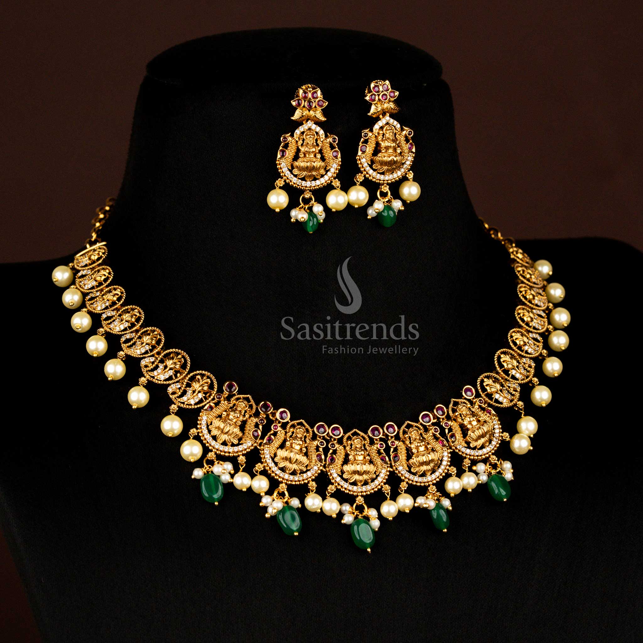 Gorgeous Traditional Matte Gold Lakshmi Temple Jewellery Set With White-Ruby Pearl And AD Stones Ideal For Ethnic And Party Occasions - Sasitrends