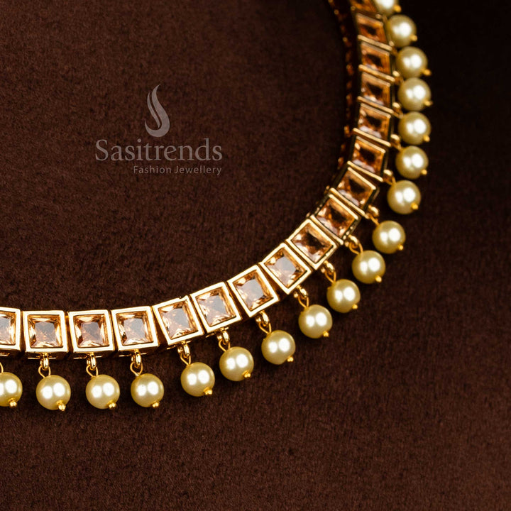 Stylish American diamond square stone honey tone necklace jewellery set with pearl hangings offering refined lustre - Sasitrends