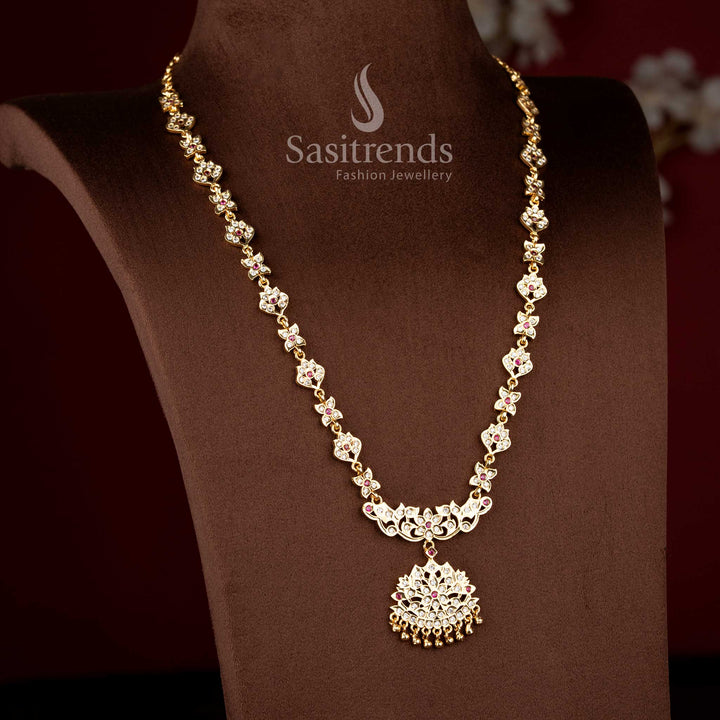 Designer white ruby Impon micro gold plated mandala long necklace for festive saree styling – Sasitrends