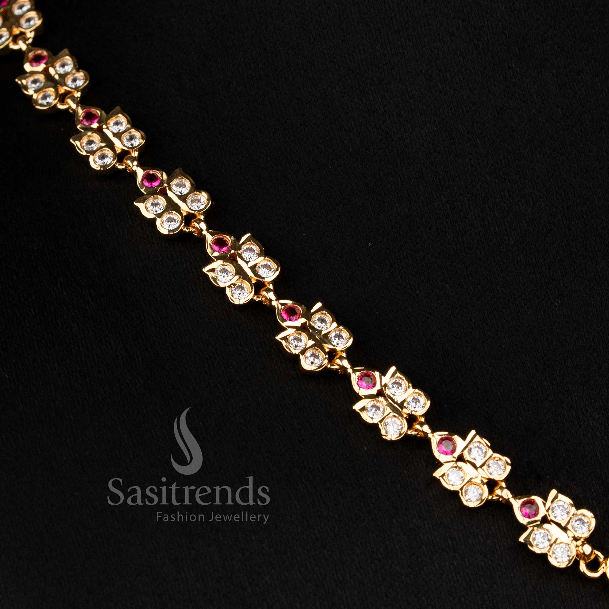 Impon micro gold plated white-ruby American diamond necklace with artistic pendant and falling beads crafted for festive glow – Sasitrends