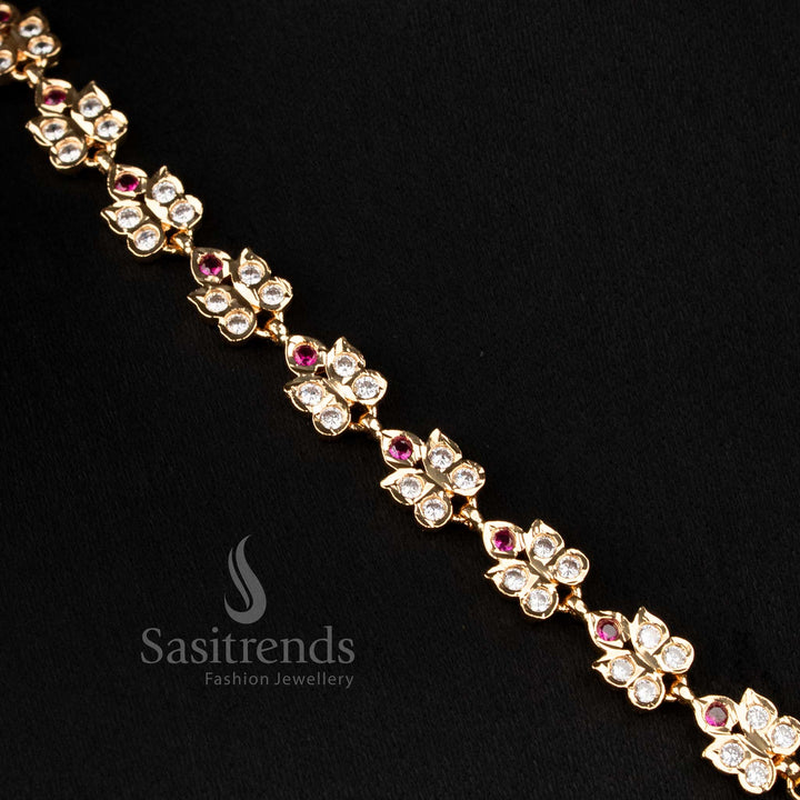 Majestic white-ruby AD long necklace micro gold plated by Impon, featuring a designer pendant with suspended beads for festive parties – Sasitrends