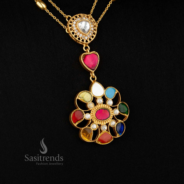 Opulent Jadau 24K gold plated double-layer necklace featuring heart and floral designs, suitable for navarathna-colour sangeet nights and festive saree styling – Sasitrends