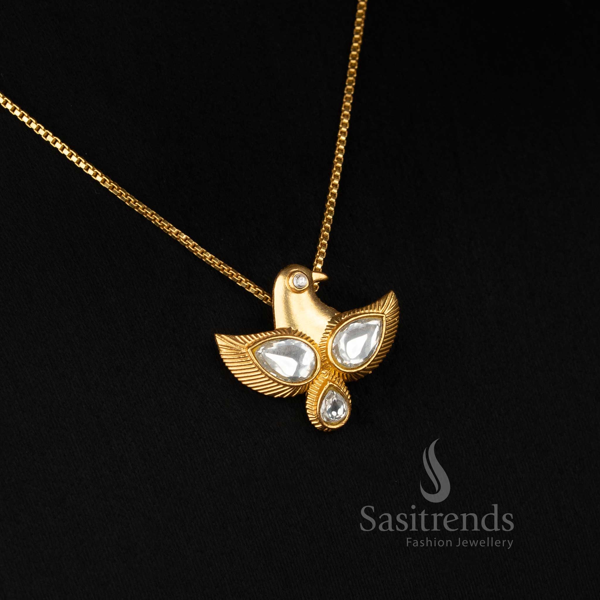 Classic Jadau Kundan 24K gold plated white teen eagle pendant chain necklace suitable for auspicious events and temple functions -Sasitrends
