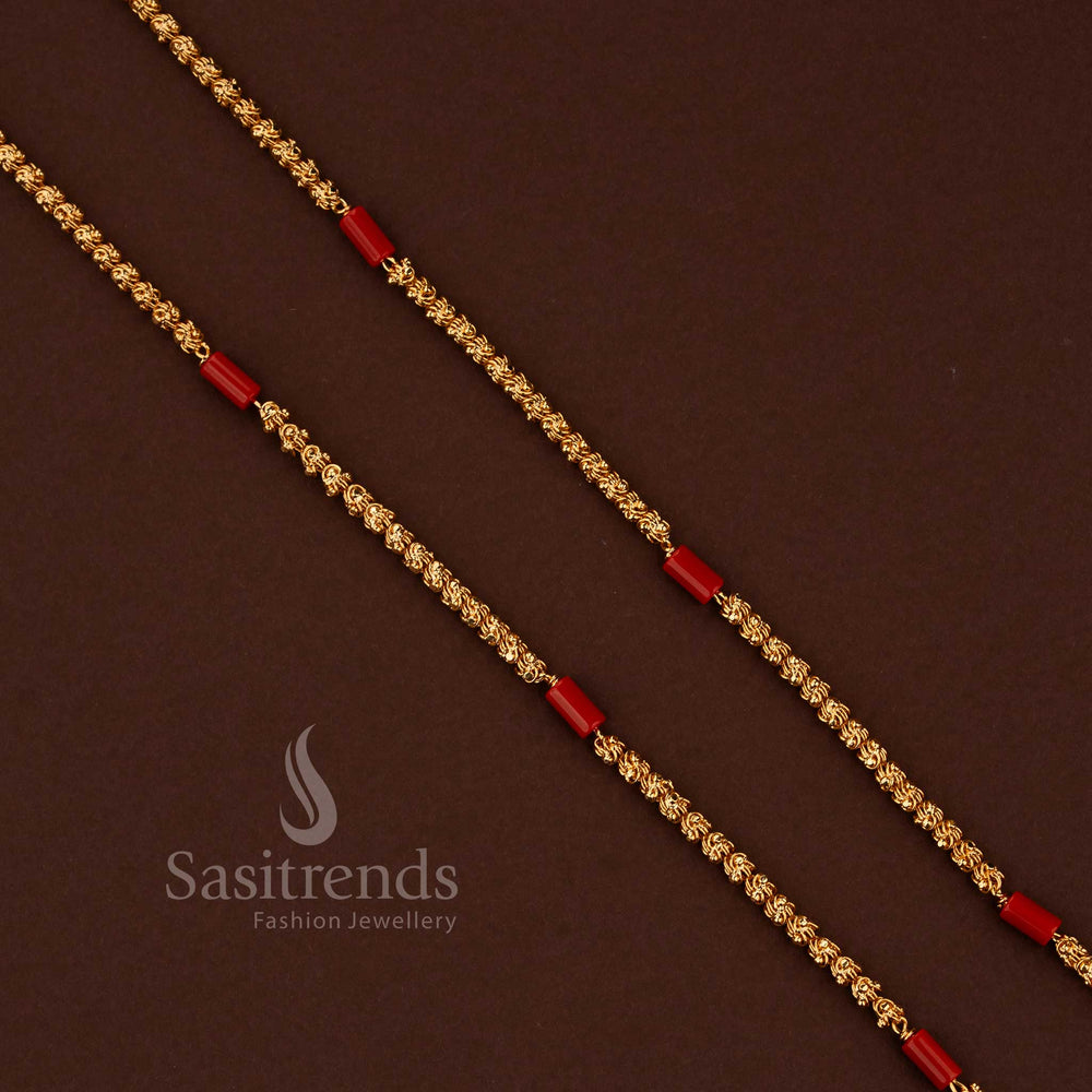 Traditional micro gold plated Dasavatharm chain with coral beads perfect for South Indian temple celebrations and festive cultural attire – Sasitrends