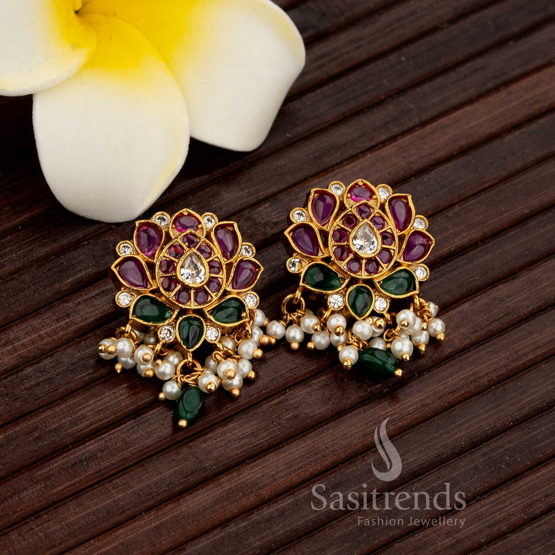 Classic Matte Gold Plated Floral Drop Stud Earrings Featuring American Diamonds And Pearls – Traditional Look Jewellery For Festive Elegance - Sasitrends