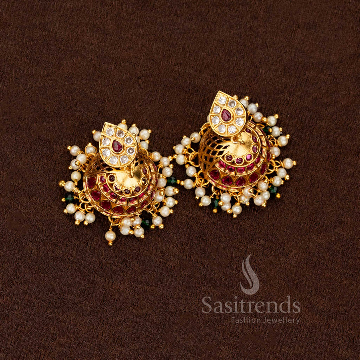 Charming Ruby-White Matte Gold Floral Design AD Earrings enhanced with pearl drop detailing, a graceful touch for festive elegance — Sasitrends