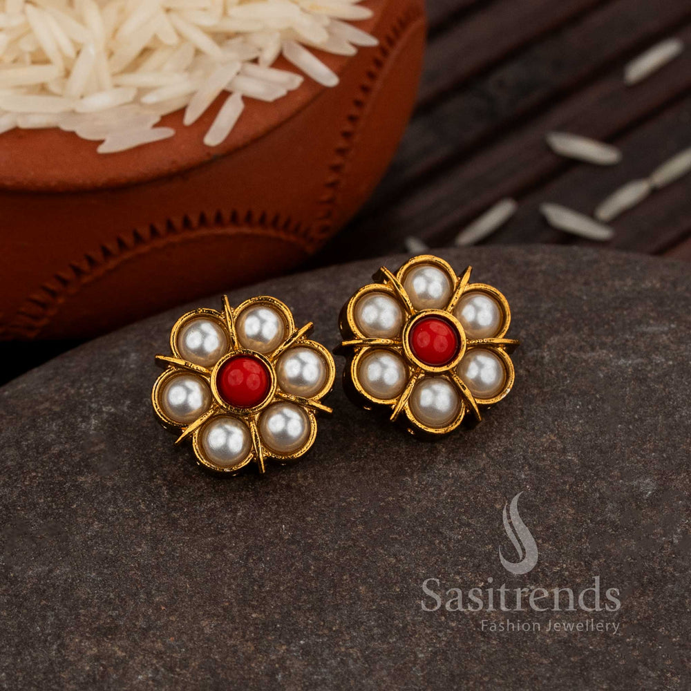 Charming Matte Gold Flower Pattern Pearl Stud Earrings Featuring Pavalam Highlights, An Ethnic Cultural Jewellery Design Ideal For Grand Celebrations – Sasitrends