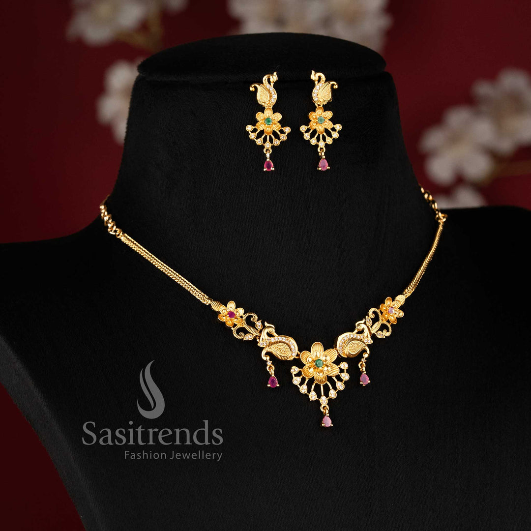 Stunning Peacock Necklace Set: Multi-Color American Diamonds - Sasitrends 