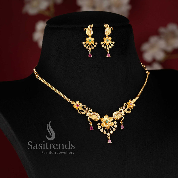Enchanting Brilliance: Multi-Color Temple Matte Gold Tone AD Stone Peacock Necklace Jewellery Set | Sasitrends