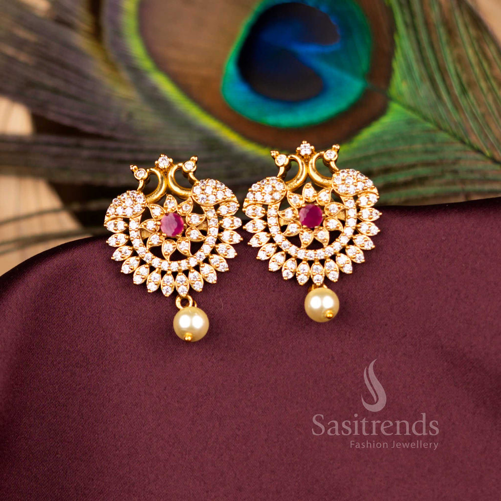 Sparkling American Diamond Matte Gold Plated Peacock Ruby Changeable Stone Earrings Perfect For Wedding And Traditional Wear - Sasitrends