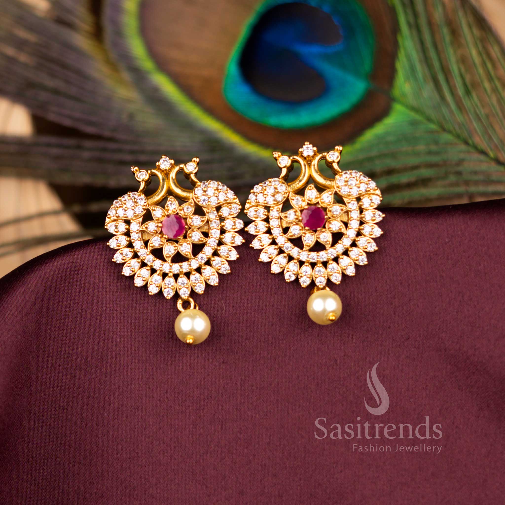 Sparkling American Diamond Matte Gold Plated Peacock Ruby Changeable Stone Earrings Perfect For Wedding And Traditional Wear - Sasitrends