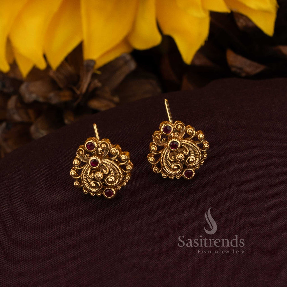 Splendid ruby AD floral earrings with radiant matte gold filigree detailing designed for noble brides heritage festivities and luxurious aristocratic jewellery – Sasitrends