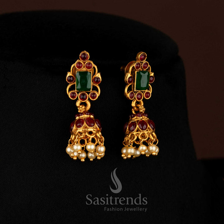 Traditional Matte Gold Floral Rectangular AD Stone Earrings in ruby-green tones, ideal for cultural celebrations and elegant ethnic wear — Sasitrends