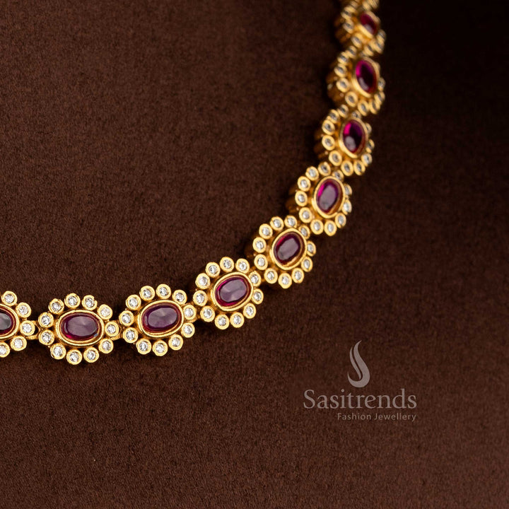 Regal matte gold plated ruby oval floral AD statement necklace for silk sarees, festive kurtis, and elegant occasions – Sasitrends