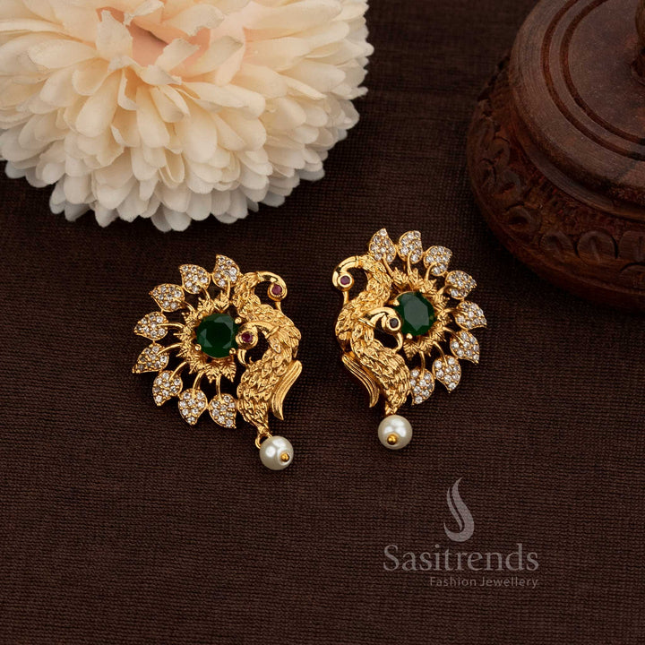 Attractive Matte Gold Plated Temple Peacock Stud Earrings with AD Stones & Pearl Drop – Sasitrends