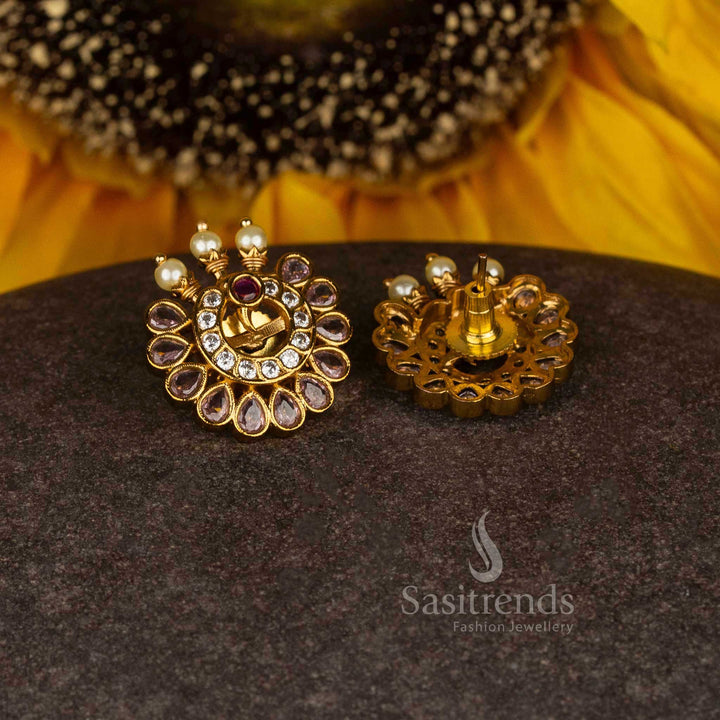 Charming matte gold plated temple round floral cluster stud earrings with delicate pearl and teardrop detailing for opulent celebration - Sasitrends