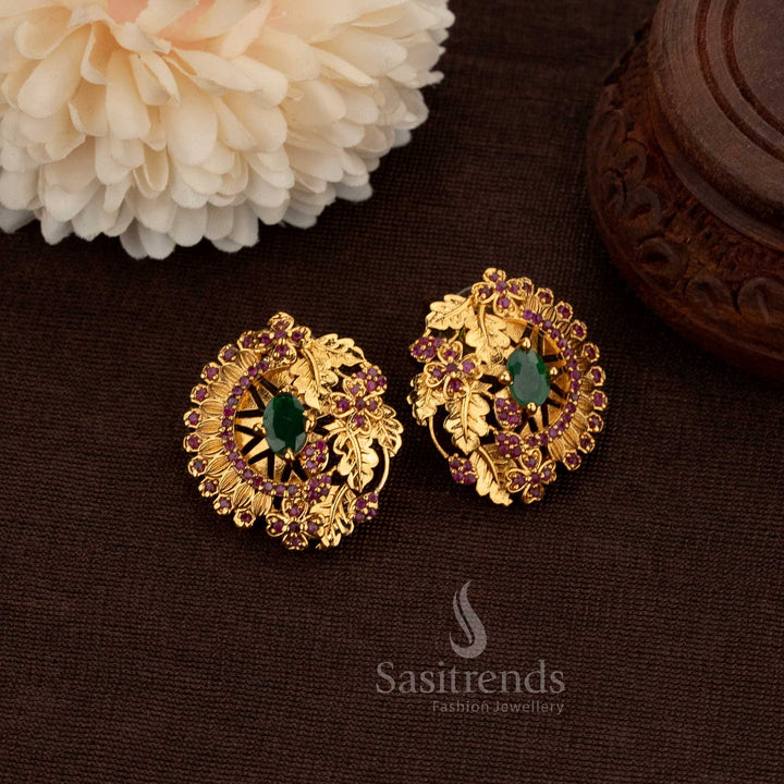Gorgeous Matte Gold Plated Temple Round Stud Earrings with AD & Floral Detailing - Sasitrends