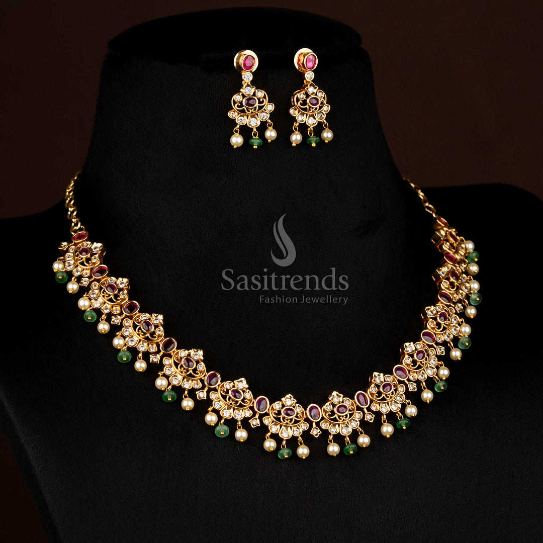 Radiant white-ruby matte gold plated crescent-shaped floral necklace with oval AD stones, perfect to wear for festive weddings and special occasions – Sasitrends