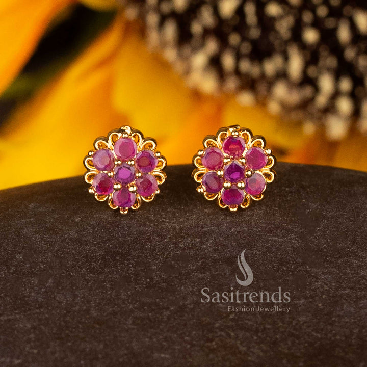 Luxurious Micro Gold Plated AD Floral Cluster Stud Earrings with Filigree Edge in Ruby, Ideal for Traditional and Festive Jewellery Occasions – Sasitrends