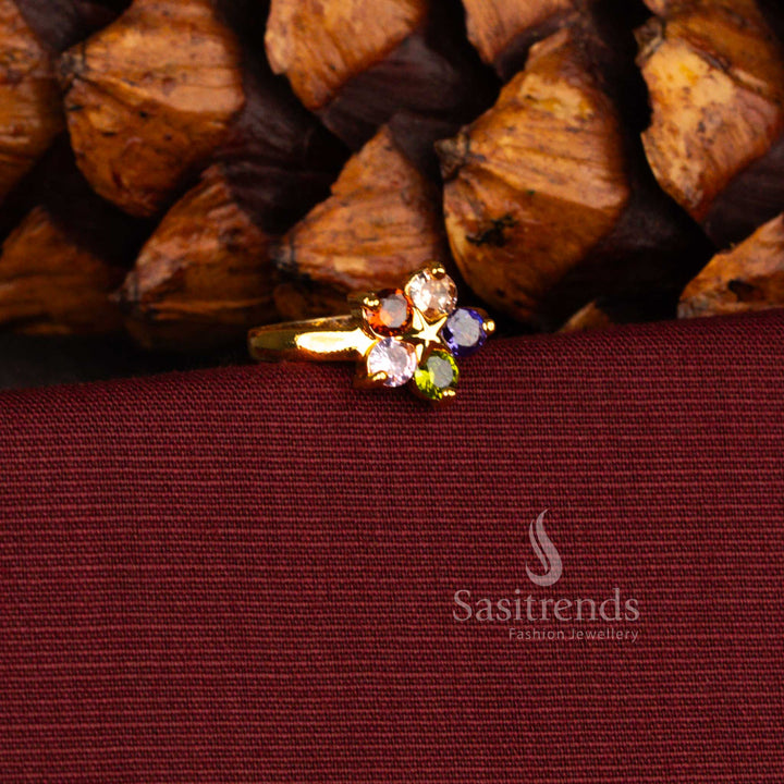 Majestic guaranteed micro gold plated multi color AD floral traditional ring with radiant sparkle designed for temple visits and cultural festivities – Sasitrends