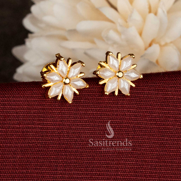 Premium micro gold plated AD pearl marquise floral cluster stud earrings offering polished finish for classical ceremonial and festive attire – Sasitrends
