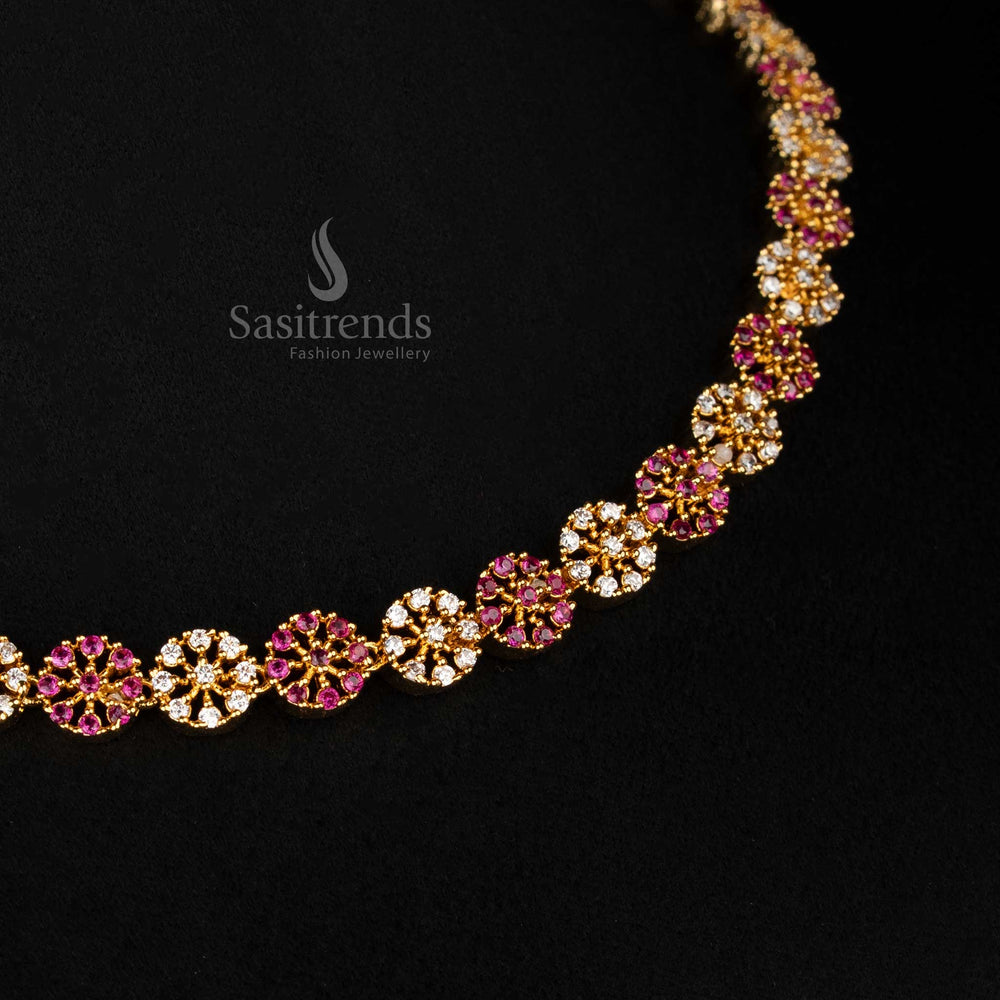 Classic micro gold plated white and ruby American diamond jewellery set featuring round floral motifs, ideal for cultural gatherings and elegant traditional wear – Sasitrends