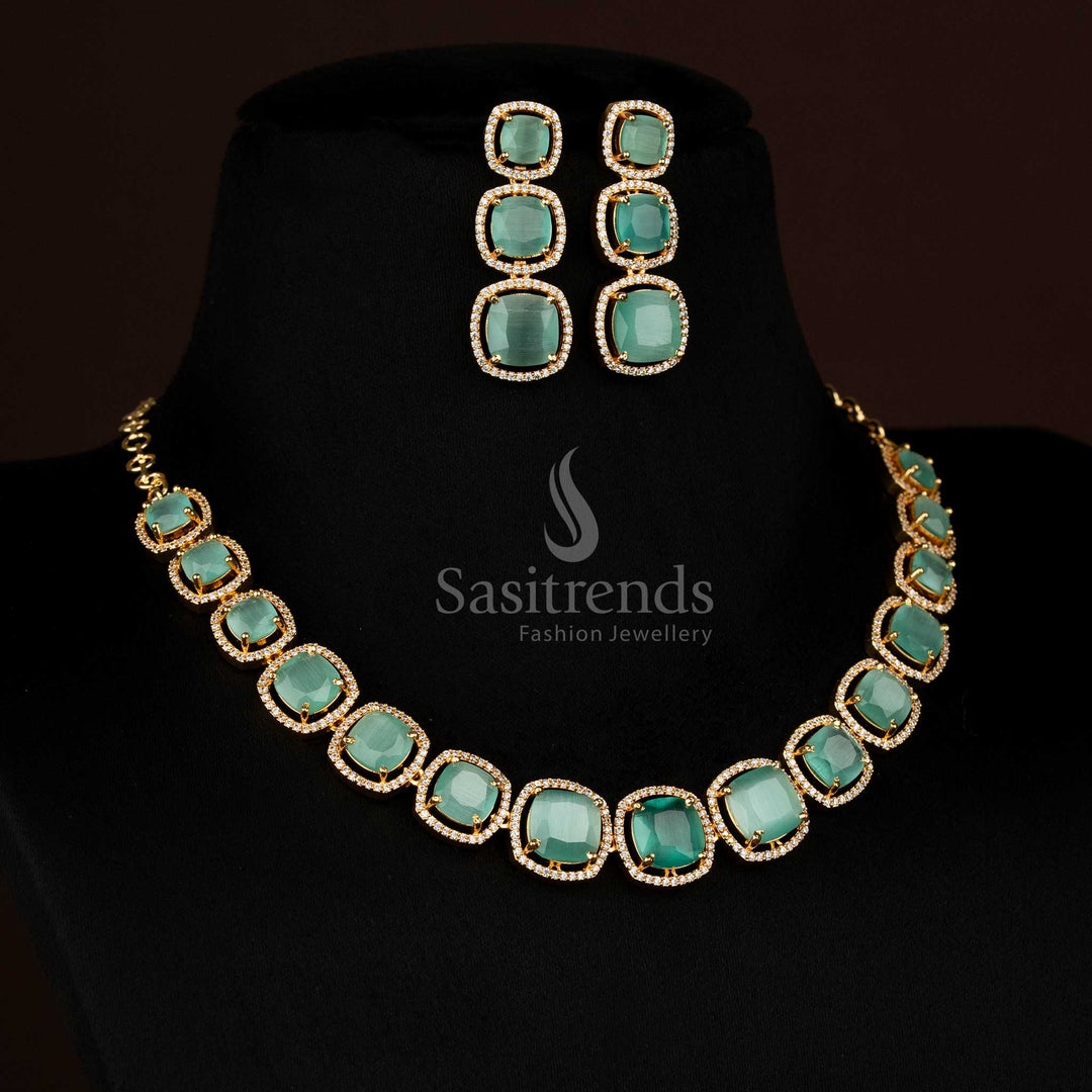 Sparkling micro gold plated American Diamond mint square stone necklace set designed for party occasions and trendy gatherings – Sasitrends