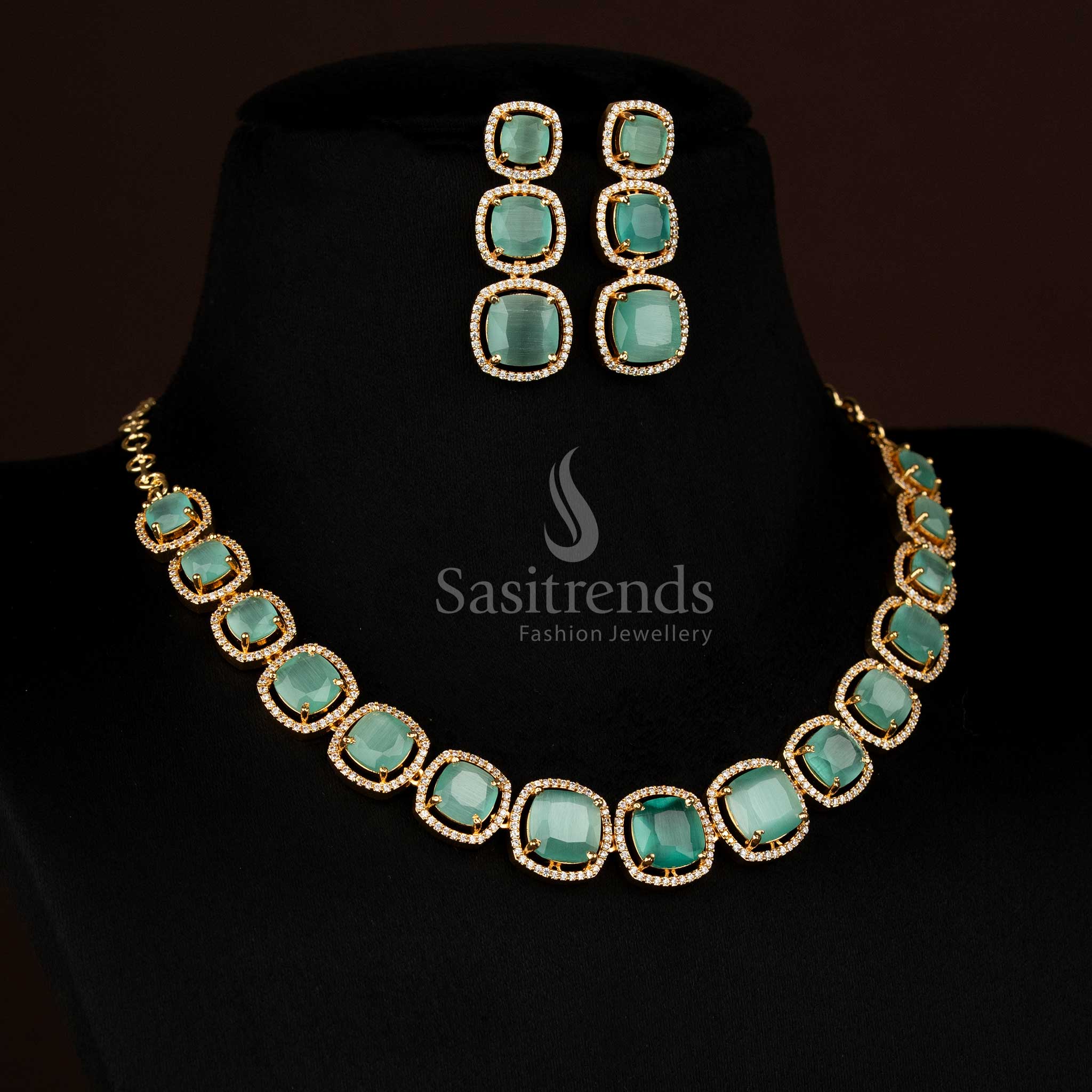 Sparkling micro gold plated American Diamond mint square stone necklace set designed for party occasions and trendy gatherings – Sasitrends