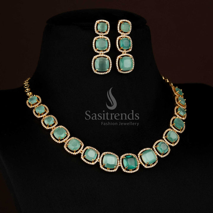 Gorgeous Micro Gold Plated American Diamond Square Stone Necklace Jewellery Set for Party and Festive Wear - Guaranteed