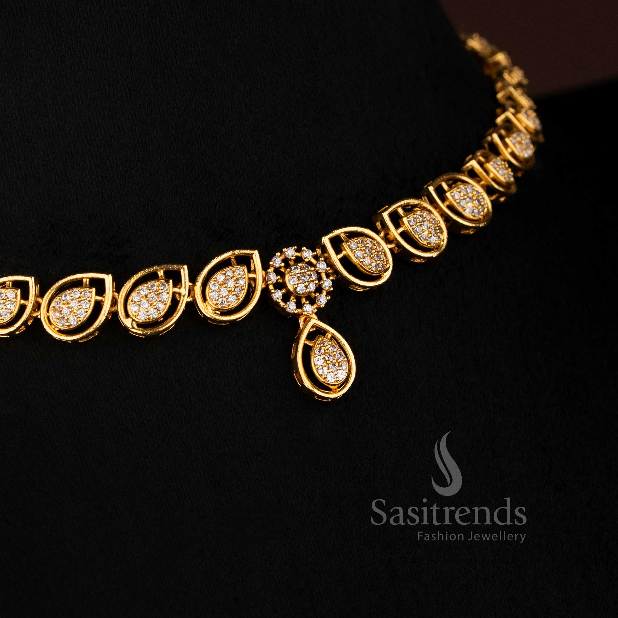 Radiant micro gold plated teardrop necklace adorned with delicate white stones, perfect for weddings, festivals, and celebratory party jewellery - Sasitrends