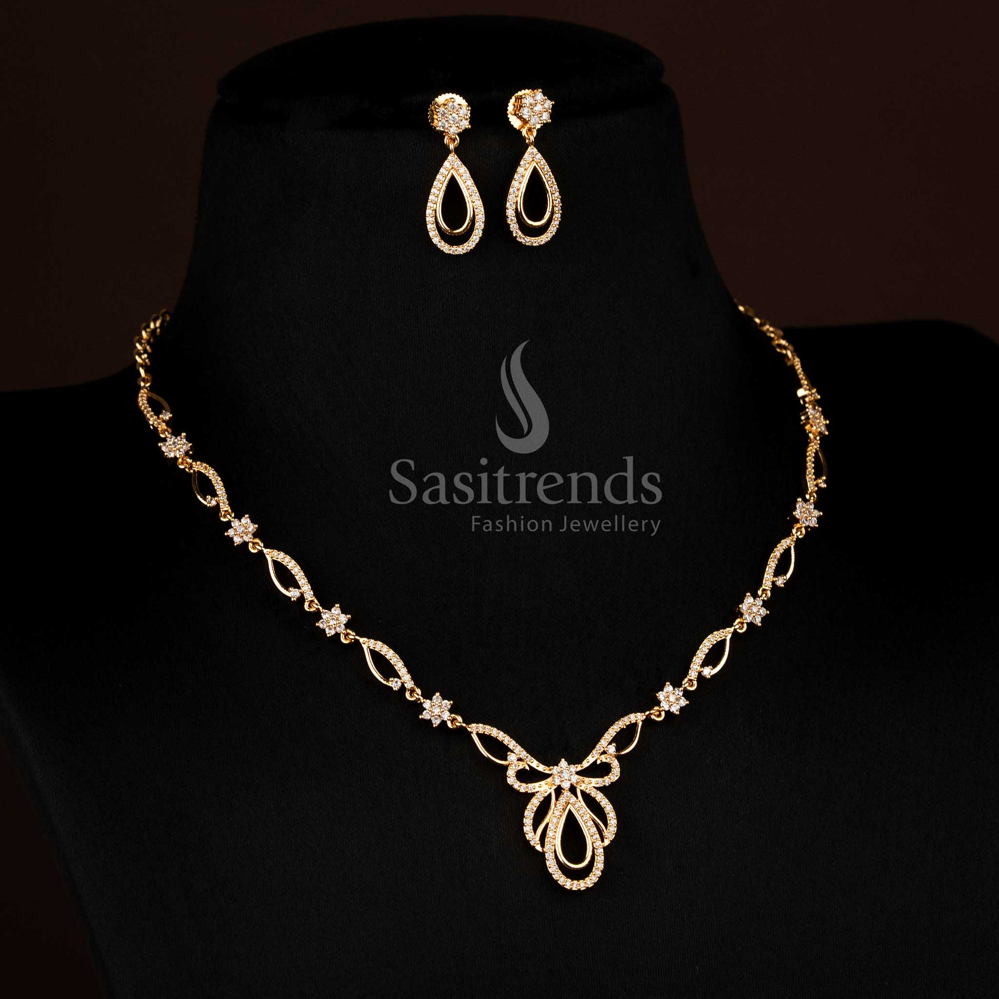 Captivating micro gold plated American Diamond white floral necklace featuring butterfly wings motif, designed for stylish party wear and festive occasions – Sasitrends
