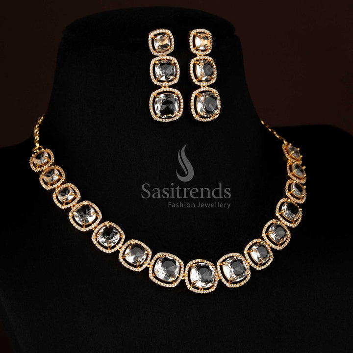 Luxurious one-gram micro gold plated American Diamond white necklace set offering a grand occasion look with radiant sparkle and timeless sophistication for wedding or festive celebrations – Sasitrends