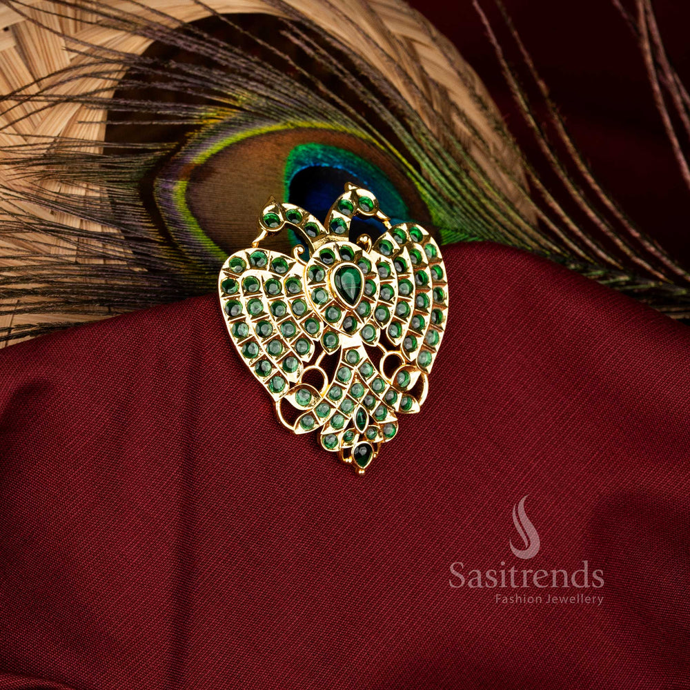 Majestic Micro Gold Plated Gandaberunda Pendant in Green featuring Dual Peacock and Heart Kemp Stone Detailing, Splendid Festive Jewellery – Sasitrends