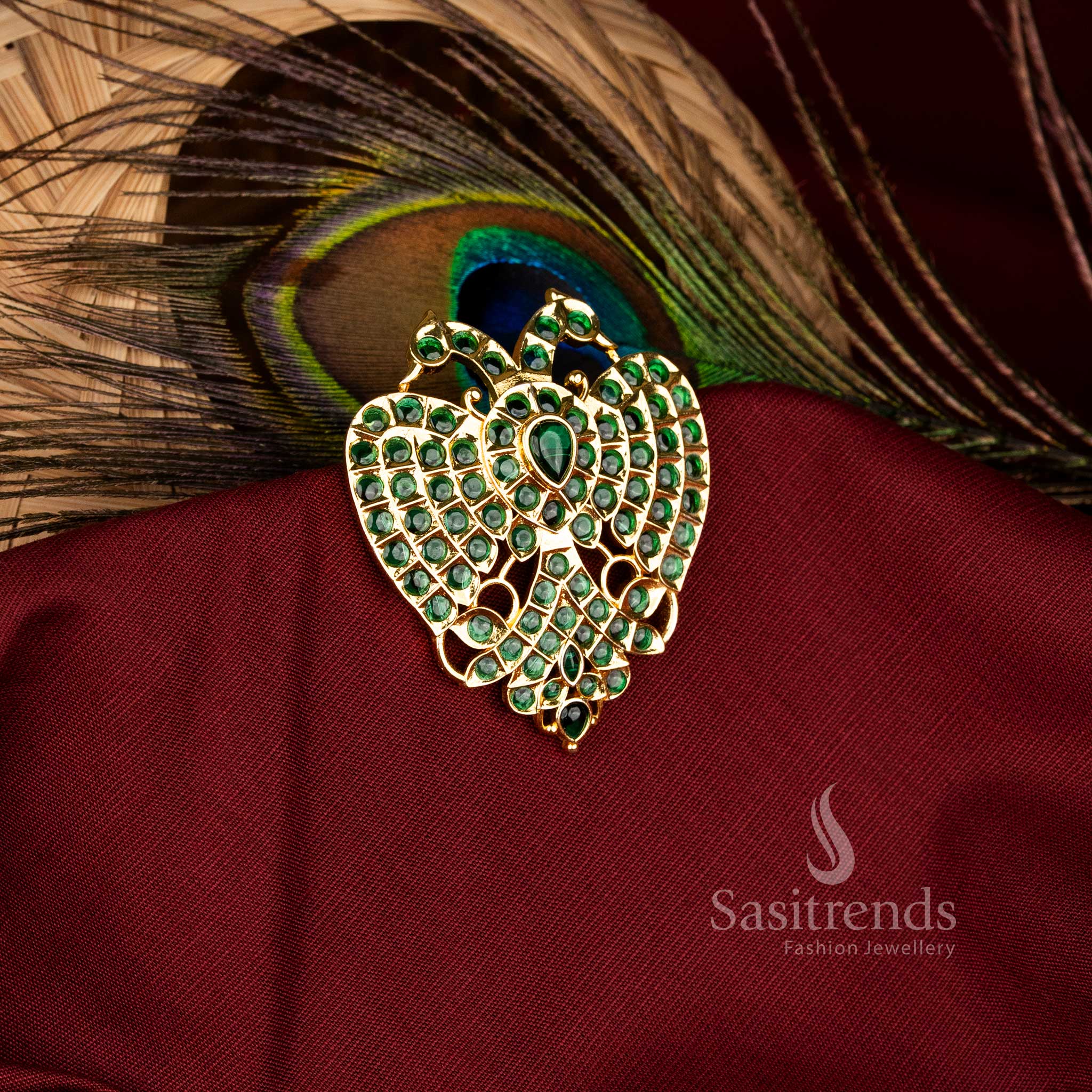 Majestic Micro Gold Plated Gandaberunda Pendant in Green featuring Dual Peacock and Heart Kemp Stone Detailing, Splendid Festive Jewellery – Sasitrends