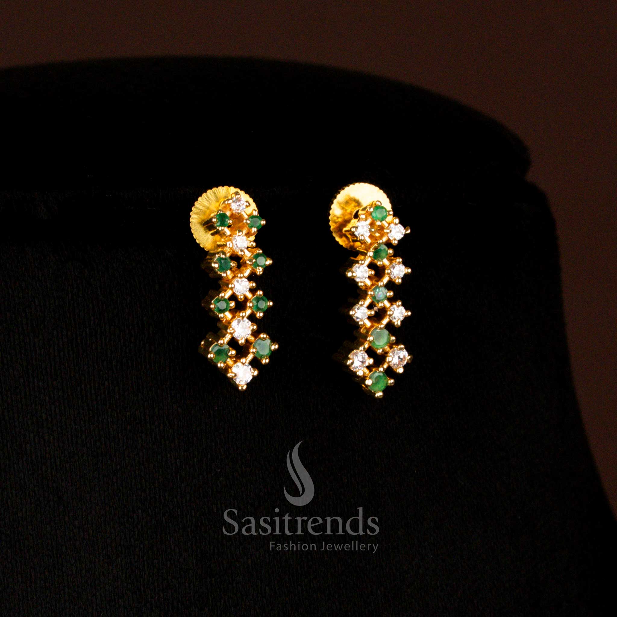 Gorgeous Traditional Micro Gold Plated Green-White American Diamond Earrings In Geometric Cluster Pattern Made For Festivals And Parties - Sasitrends