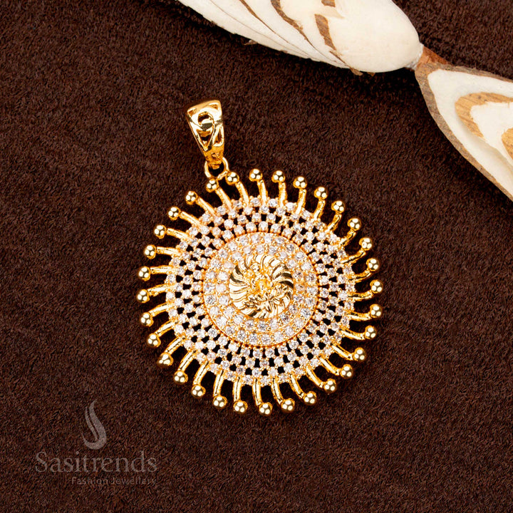 Opulent gold plated Lakshmi pendant, decorated with sparkling white AD stones, a sophisticated ethnic jewellery masterpiece - Sasitrends
