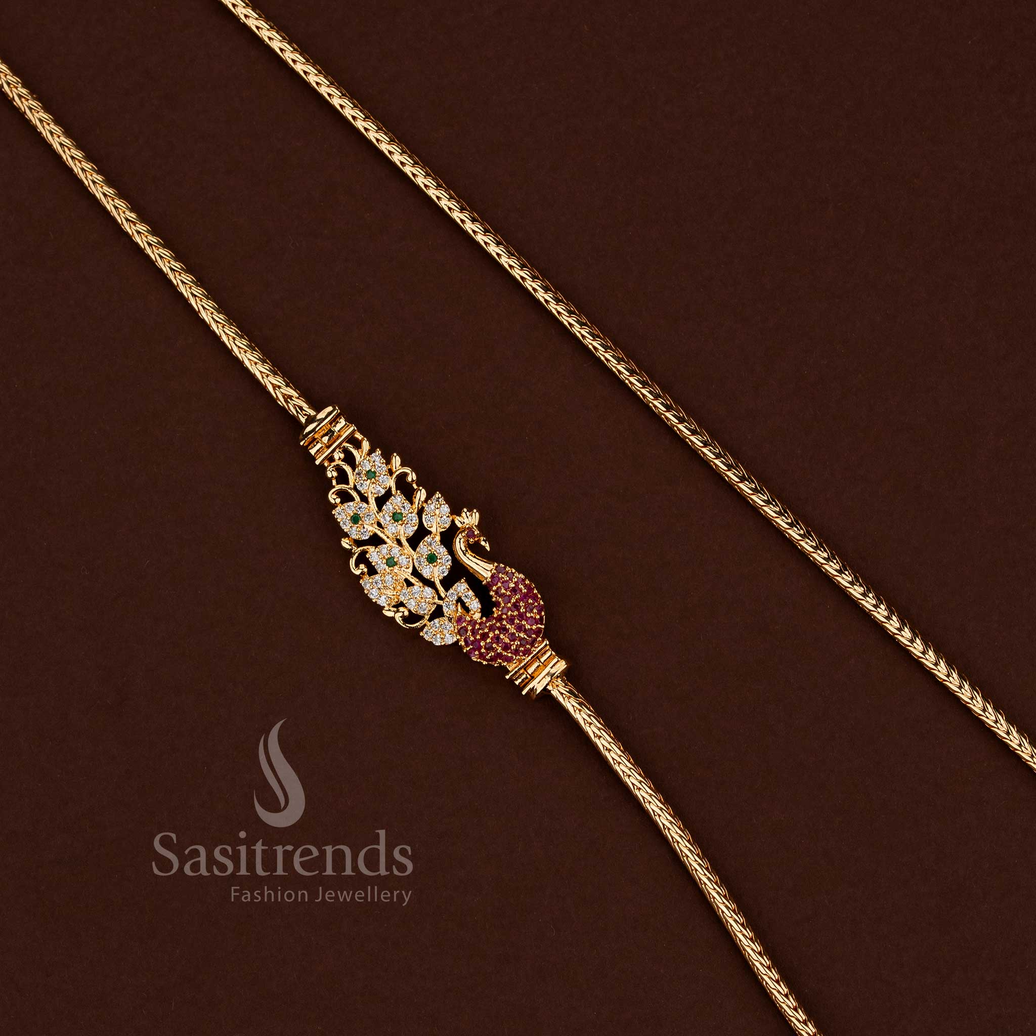 Vibrant one gram micro gold plated multi peacock motif floral 24 inch mugappu chain design - Sasitrends