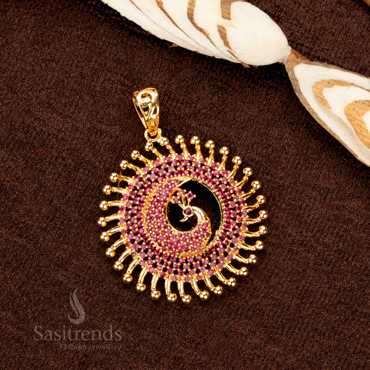 Luxurious one-gram gold plated peacock pendant, beautifully crafted with deep ruby stones, a striking festive jewellery choice - Sasitrends