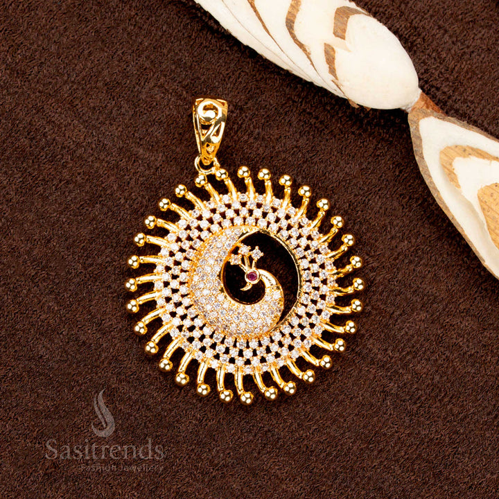 Sophisticated gold plated peacock design pendant, decorated with sparkling white AD stones, a perfect addition to ethnic jewellery collections - Sasitrends