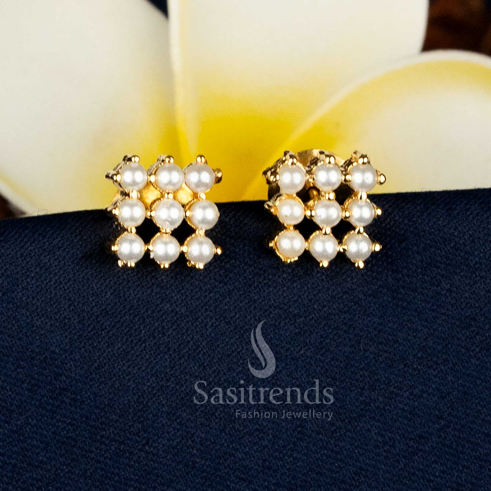 Stylish micro gold plated square earrings adorned with pearl AD stones and intricate luxe accents, ideal for temple and cultural styling – Sasitrends