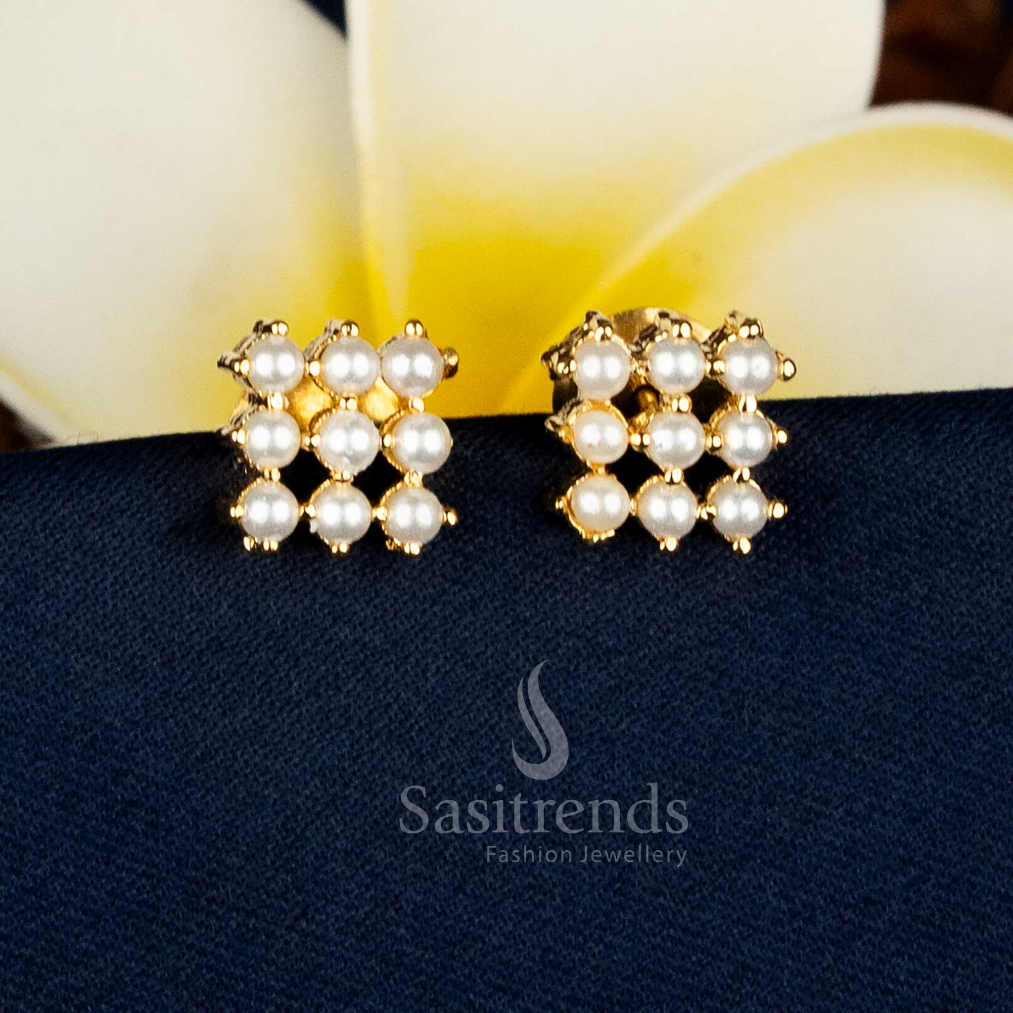 Stylish micro gold plated square earrings adorned with pearl AD stones and intricate luxe accents, ideal for temple and cultural styling – Sasitrends