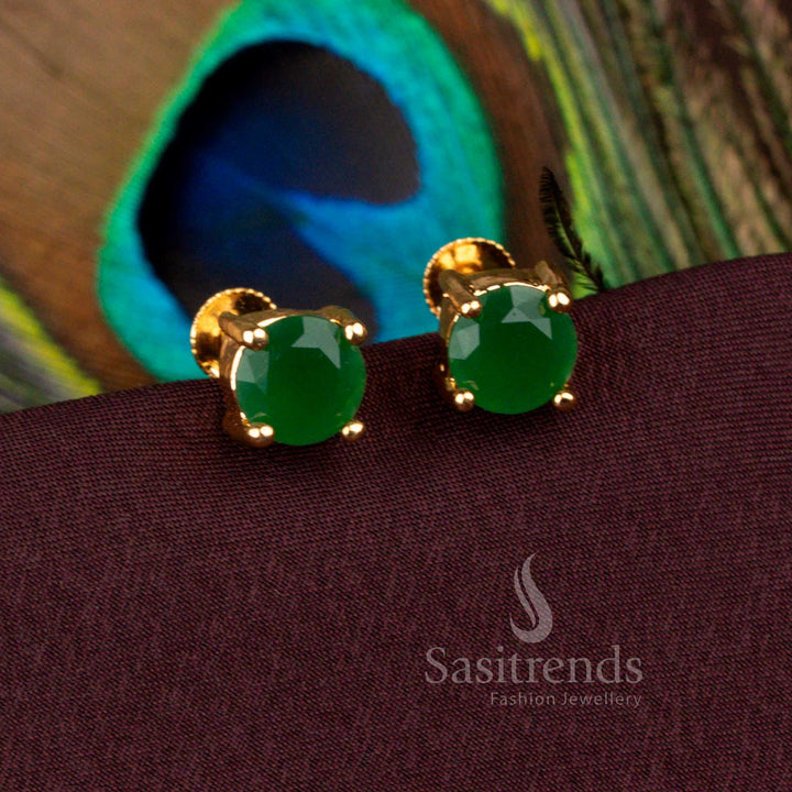 Designer Round Green Stone Stud Earrings Crafted In Micro Gold Plated Screw Type Setting With 24K Carat Pure Gold Polish – Sasitrends