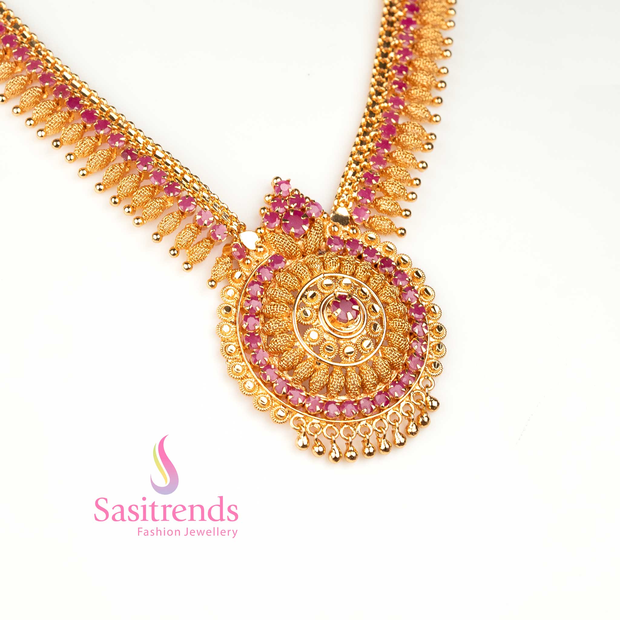 Authentic ruby AD stone necklace micro gold plated with circular pendant and artistic accents, designed for graceful festive dressing – Sasitrends