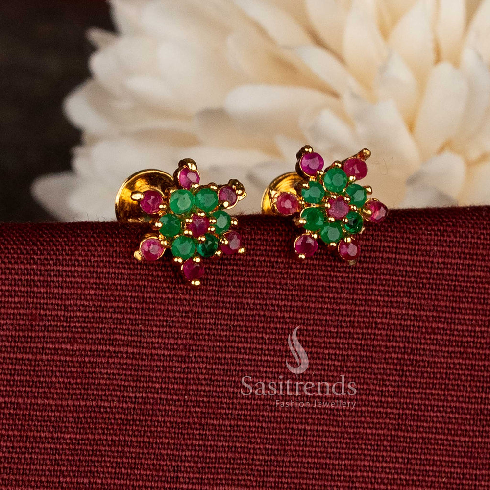 Impon micro gold plated ruby-green AD floral radial symmetry screw studs offering striking colour contrast for bold and elegant heritage celebration styling – Sasitrends