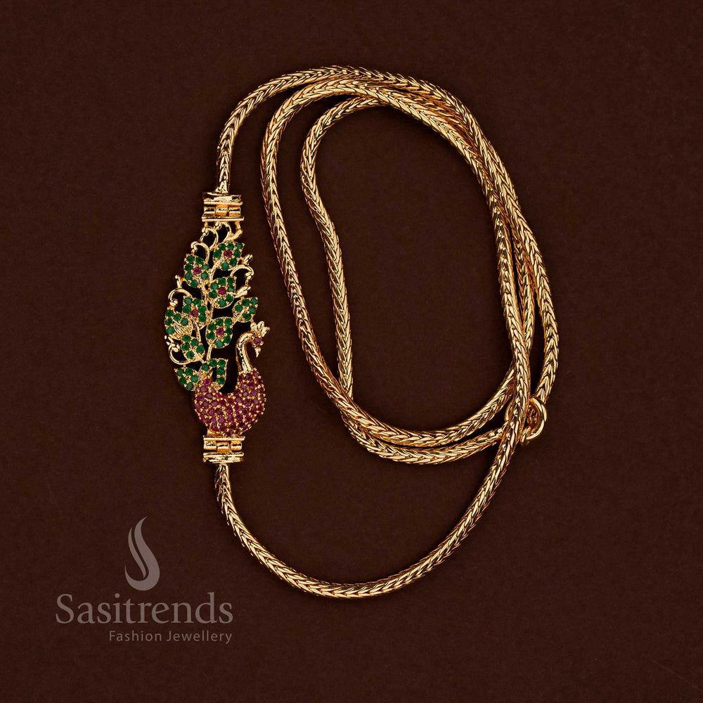 Guaranteed one gram micro gold plated ruby green peacock motif floral 24 inch mugappu chain - Sasitrends