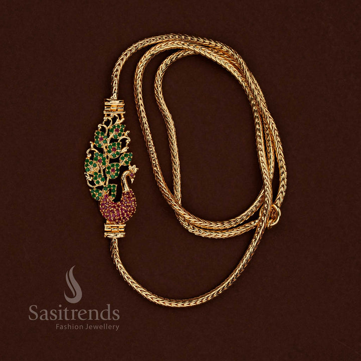 Guaranteed one gram micro gold plated ruby green peacock motif floral 24 inch mugappu chain - Sasitrends