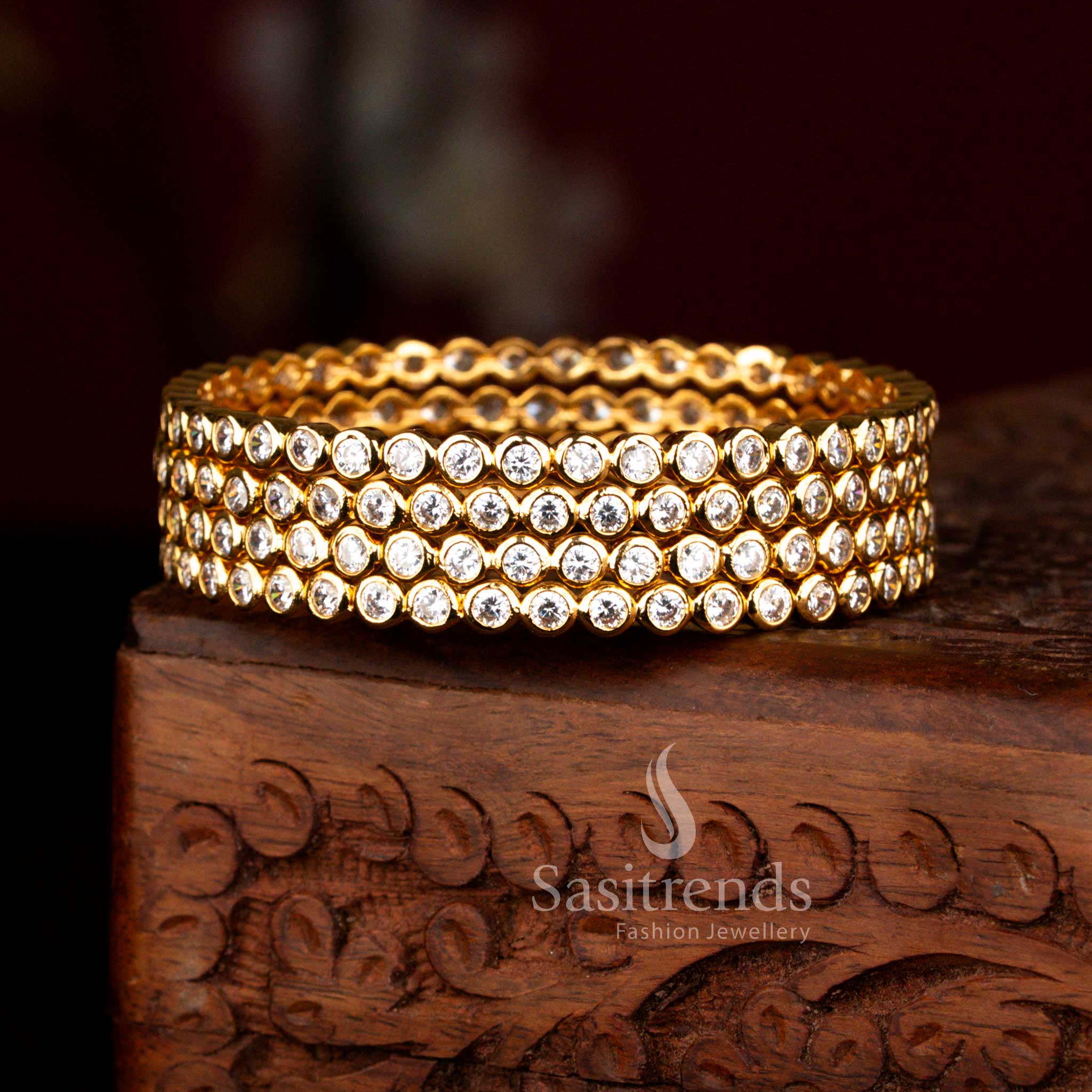 Classic micro gold plated small round American diamond stone Addigai bangles crafted in white shade for elegant ethnic styling – Sasitrends